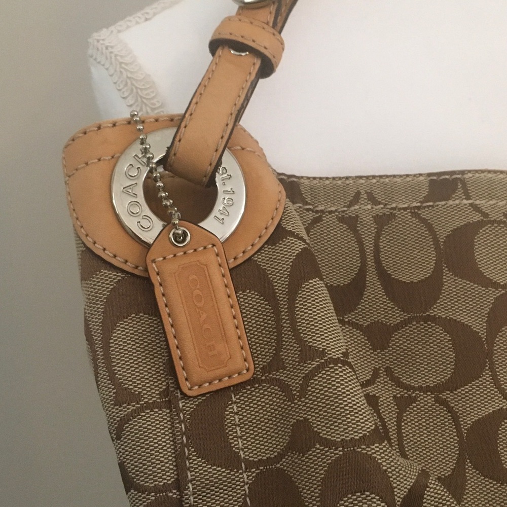 Coach Brown/Tan Signature Canvas Shoulder Bag with Leather Trim